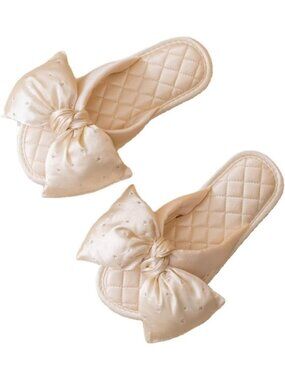 Bridal Champagne Slippers Bow Elegant Rhinestone Flat Comfortable Wedding Slides